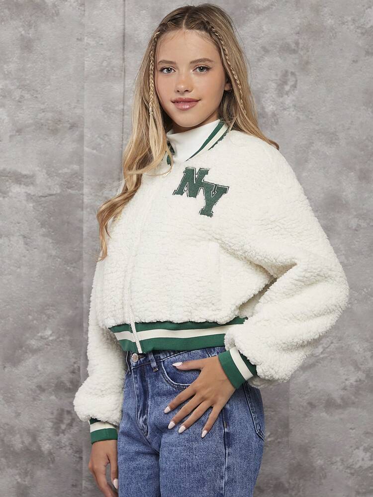 Teen Girl Letter Patched Striped Trim Drop Shoulder Teddy Bomber Jacket