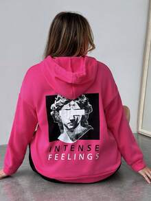 Flirla Plus Figure & Letter Graphic Drop Shoulder Drawstring Hoodie - Hot Pink - View 4