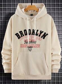 Manfinity Campus Court Áo hoodie dây rút có họa tiết chữ Kangaroo dành cho nam - Màu be - Xem 1