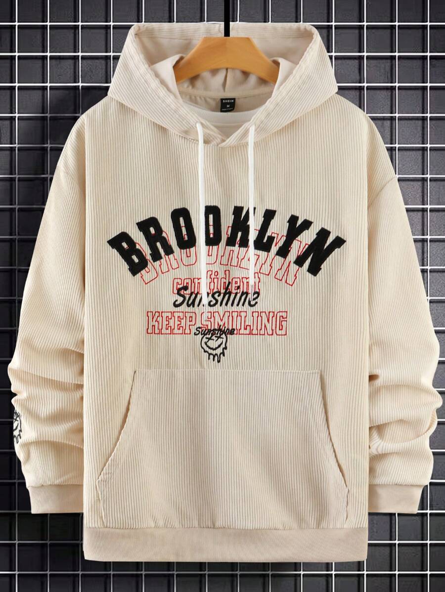 Manfinity Campus Court Áo hoodie dây rút có họa tiết chữ Kangaroo dành cho nam - Màu be - Xem 1