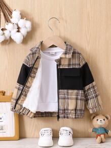 Baby Girl Plaid Print Zip Up Flap Pocket Jacket Without Tee - Multicolor - View 1