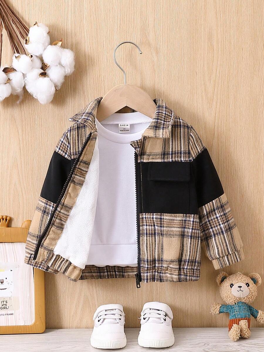 Baby Girl Plaid Print Zip Up Flap Pocket Jacket Without Tee - Multicolor - View 1