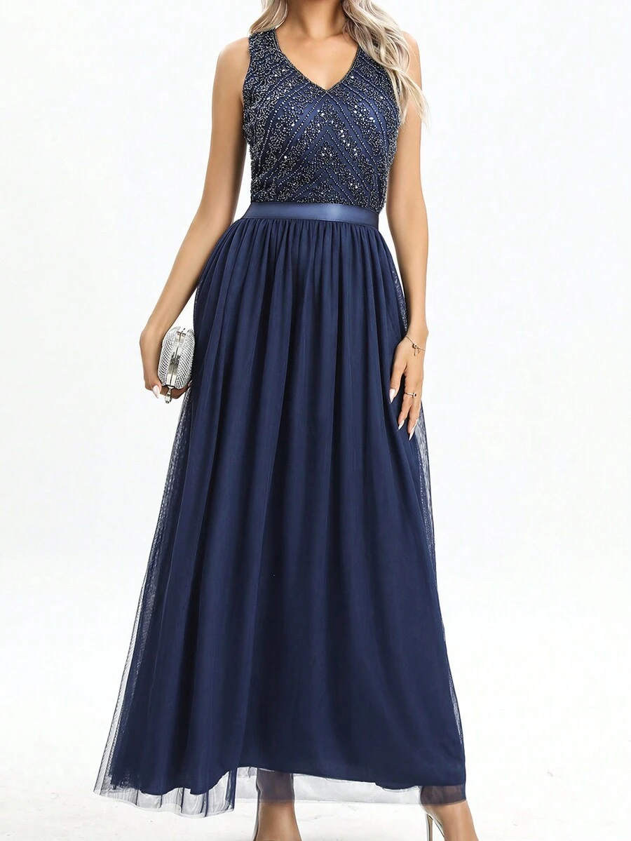 Contrast Sequin Mesh Prom Dress - Navy Blue - View 1