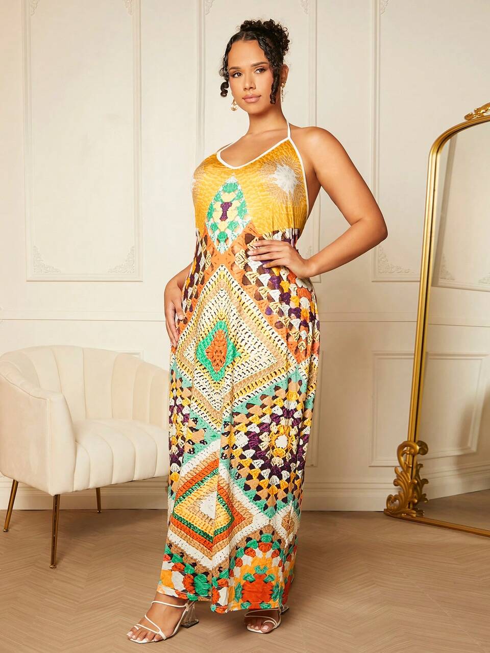 Plus Patchwork Print Halter Backless Dress