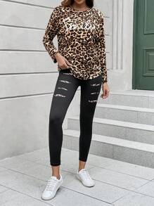 SHEIN LUNE Leopard Print Tee & Ripped Leggings - Multicolor - View 6