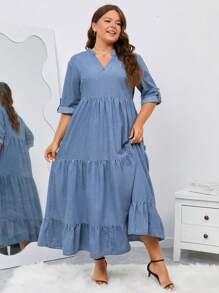 SHEIN LUNE Plus Notched Neckline Ruffle Hem Denim Dress - Light Wash - View 1