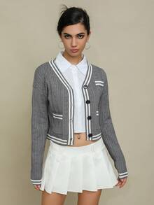 SHEIN Unity 條紋飾邊前紐扣短款開衫 - 灰色 - 查看 4