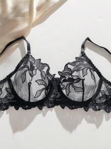 Floral Embroidered Schiffy Underwire Lingerie Set - Black - View 3