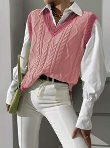 Chiquease 女士休闲宽松条纹V领针织背心，秋冬季 - 彩色 - 查看 6