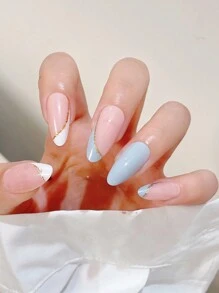 Get Glamorous With 24pcs Long Almond Color Block Blue French Golden Edge Fake Nail & 1sheet Tape & 1pc Nail File Press On Nails Nail Supplies - Multicolor - View 2