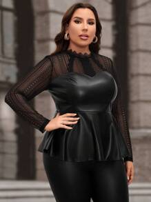 SHEIN Clasi Plus Ruffle Hem PU Leather Peplum Top Without Cami Top, For Winter