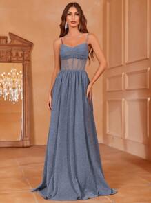 Faeriesty 对比透视网眼褶饰前片闪光吊带连衣裙