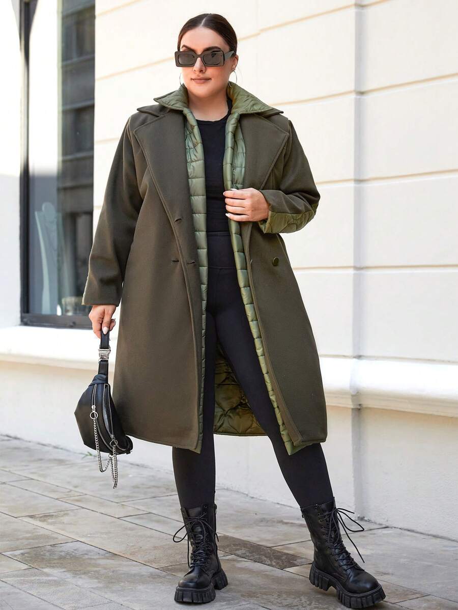 RueChic Plus Double Breasted Quilted Coat - Green - View 1