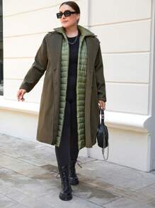RueChic Plus Double Breasted Quilted Coat - Green - View 4