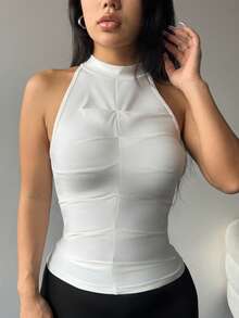 SHEIN SXY Áo ba lỗ xếp nếp chắc chắn - trắng - Xem 5