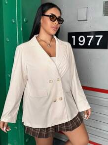 Flirla Plus Double Breasted Flap Detail Blazer - Beige - View 6