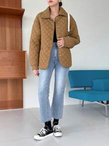 DAZY Drop Shoulder Quilted Pockets Coat ,Winter Women Clothes,Winter Coat Women Jacket - Brown - View 10