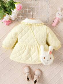 Baby Girl Borg Collar Ruffle Trim Coat & Bag - Apricot - View 2