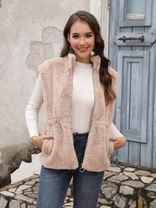 RELISH NOLESS Dây kéo mặt trước Áo khoác vest fuzzy - Lạc đà - Xem 6