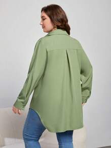 SHEIN Essnce 纯色正面纽扣衬衫 - 綠色 - 查看 2