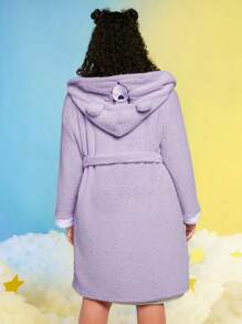 SHEIN X Care Bears Cộng với thêu chữ Thiết kế tai kép 3D có mũ trùm đầu có thắt lưng Áo choàng flannel - Màu tím - Xem 2