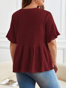SHEIN Frenchy Plus Waffle Knit Flounce Sleeve Peplum Tee