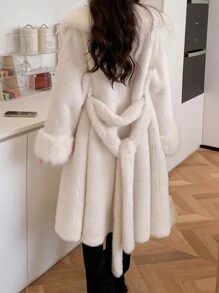 Solid Open Front Belted Fuzzy Coat - White - View 2