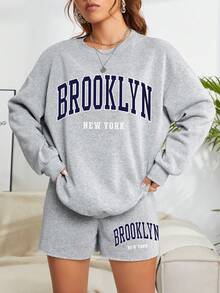 SHEIN EZwear Letter Graphic Drop Shoulder Sweatshirt & Shorts - Grey - View 5