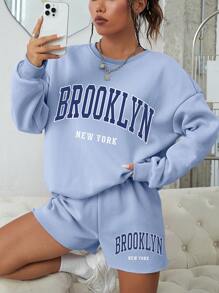 SHEIN EZwear Letter Graphic Drop Shoulder Sweatshirt & Shorts - Blue - View 3