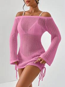 SHEIN Essnce Off Shoulder Drawstring Side Lace Up Side Cover Up Dress Without Bikini Summer - Pink - View 5