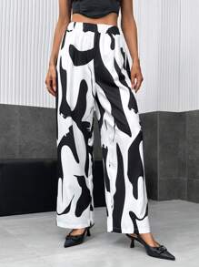 SHEIN Privé 圖案印花闊腿褲 - 杏色 - 查看 4