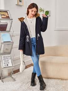 SHEIN 青少年女孩腰部抽繩毛茸邊連帽加絨內裏外套