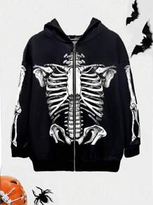 SHEIN ICON Áo nỉ tay dài có khóa kéo in hình bộ xương Halloween cỡ lớn, vai rớt - màu đen - Xem 1