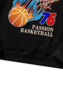 ROMWE MEN Street Life Guys Basketball & Letter Graphic Drawstring Thermal Hoodie - Black - View 5