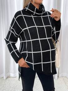 SHEIN 孕妇格纹高领落肩开衩下摆毛衣，适合冬季 - 黑與白 - 查看 1