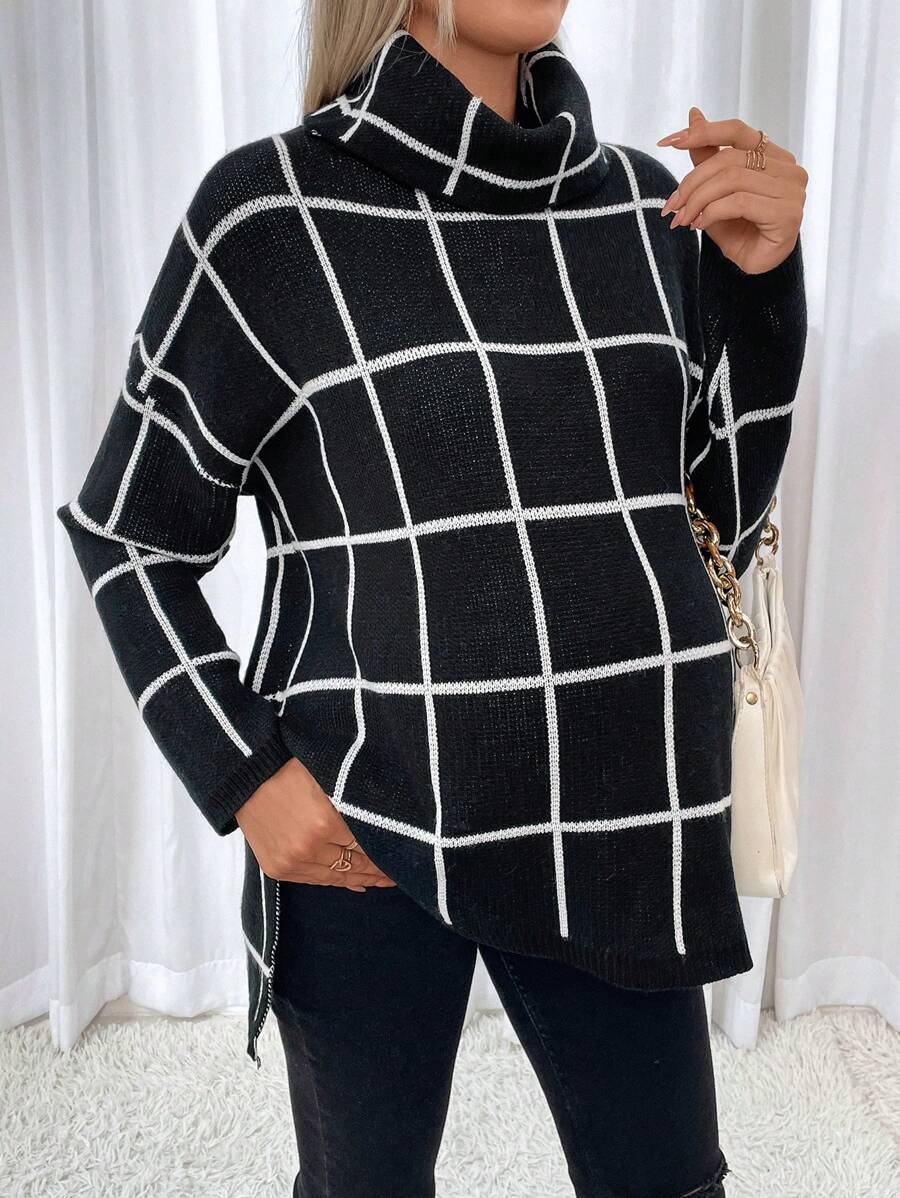 SHEIN 孕妇格纹高领落肩开衩下摆毛衣，适合冬季 - 黑與白 - 查看 1