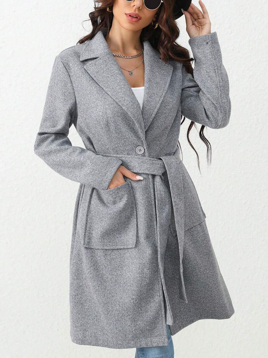 SHEIN Essnce Lapel Neck Dual Pocket Belted Overcoat for Sale Australia