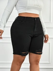 RueChic Plus Ripped Raw Hem Denim Shorts - Black - View 4