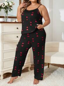 Conjunto de pijama con camisa de tirantes y pantalones estampado de corazón talla grande