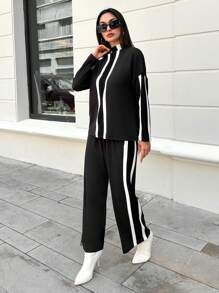 RueChic Striped Print Drop Shoulder Tee & Pants - Black - View 3