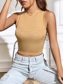 SHEIN Unity Sólido Top Tank Crop Canelado - Caqui - Visão 6