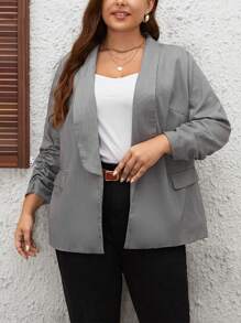 SHEIN LUNE Plus Shawl Collar Ruched Sleeve Open Front Blazer - Grey - View 4