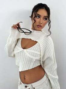SHEIN Unity Jersey súper crop & Top tejido de tirantes ribete en forma de lechuga - Blanco - Ver 4