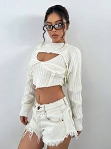 SHEIN Unity Jersey súper crop & Top tejido de tirantes ribete en forma de lechuga - Blanco - Ver 6