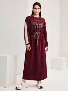 Mulvari 勃艮第红色标语图案对比侧缝抽绳腰部落肩连衣裙 - 酒紅色 - 查看 3