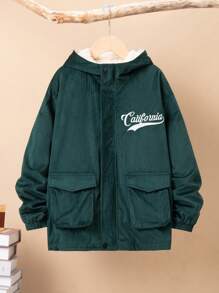 SHEIN 男大童字母刺繡翻蓋口袋加絨內裏連帽外套 - 綠色 - 查看 3