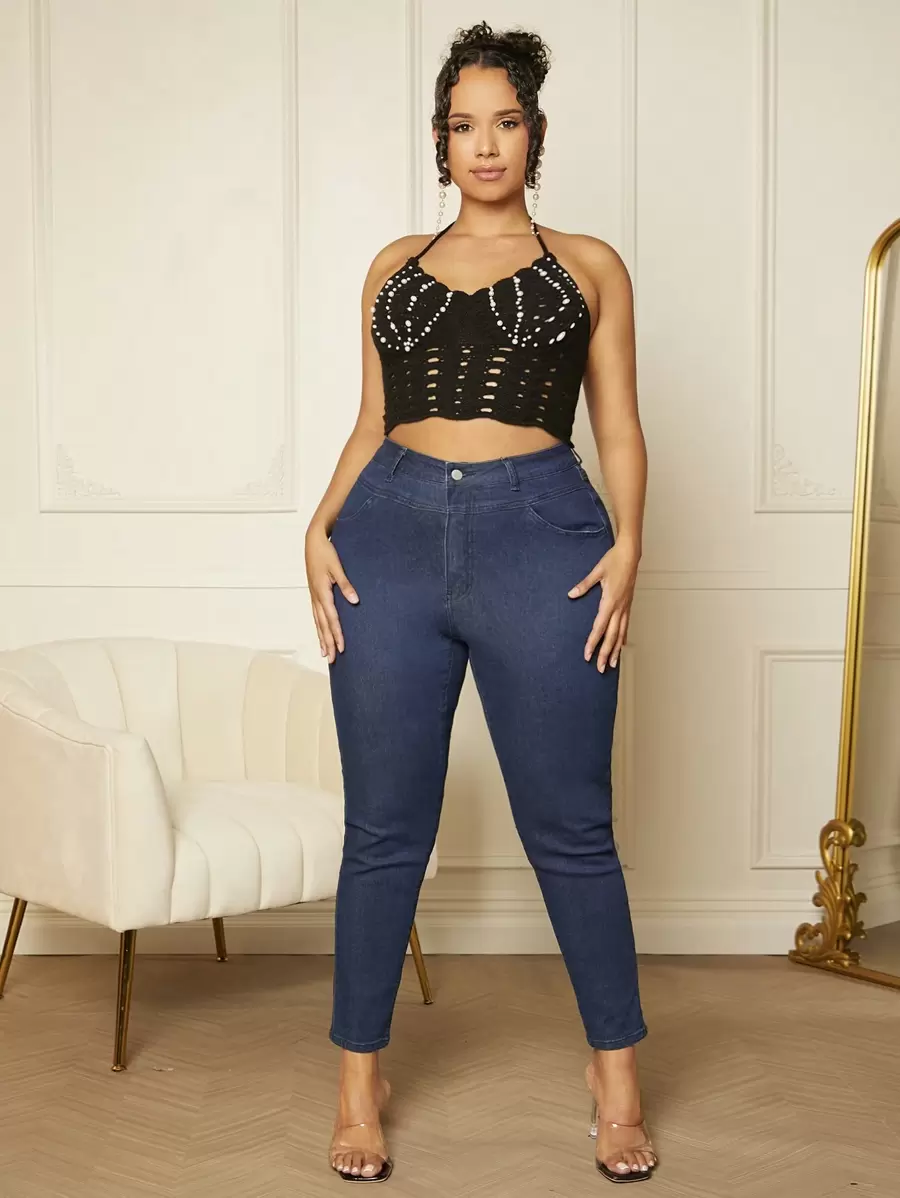 SHEIN SXY Plus Pearls Beaded Tie Backless Halter Knit Top - Black - View 1