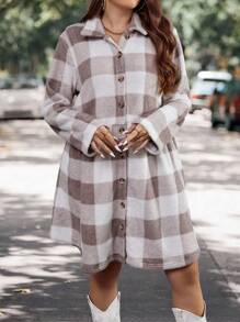 SHEIN LUNE Vestido amplio con botones en la parte delantera y estampado de cuadros de búfalo - Marrón - Ver 5