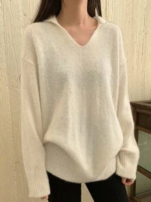 DAZY Solid Drop Shoulder Sweater Fall - White - View 5