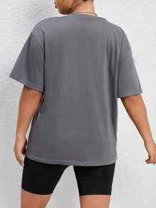 SHEIN EZwear 大碼刺繡字母圖案落肩T恤 - 灰色 - 查看 2
